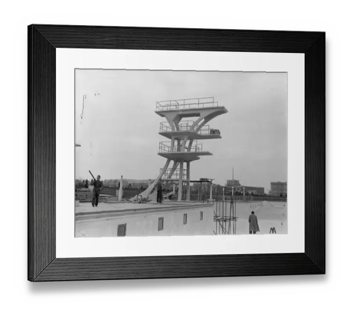 Framed Print : High divers near high flyers. Photo shows: the new high diving stage which has been Framed Print : High divers near high flyers. Photo shows: the new high diving stage which has been