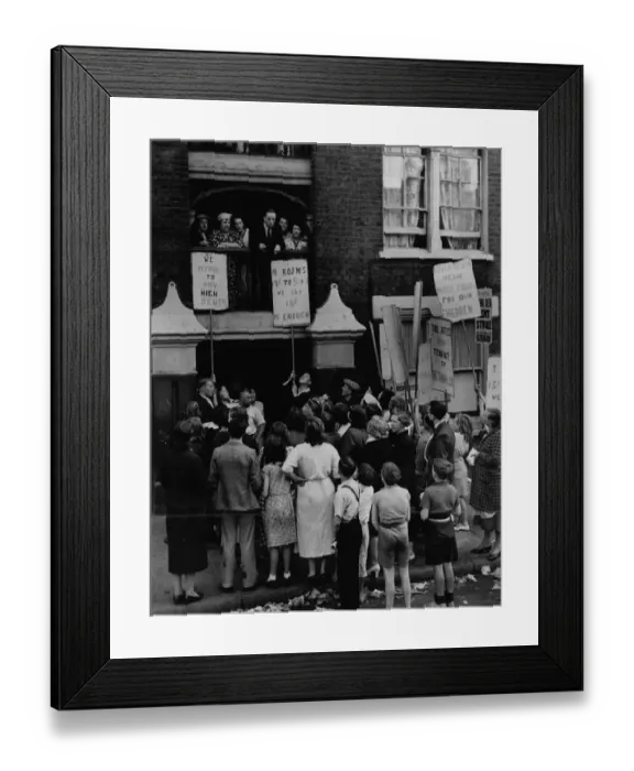 Framed Print : A protest meeting of tenants outside Quinn Square Building Bethnal Green London in Framed Print : A protest meeting of tenants outside Quinn Square Building Bethnal Green London in