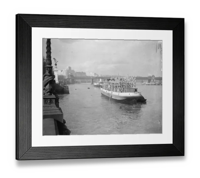 Framed Print : Red white and blue Coronation barge. Coronation Stand is being built on a barge painted red white Framed Print : Red white and blue Coronation barge. Coronation Stand is being built on a barge painted red white