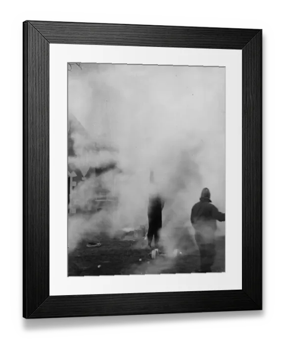 Framed Print : A bomb that puts out fires demonstrated at Clapton Stadium. A blazing building Framed Print : A bomb that puts out fires demonstrated at Clapton Stadium. A blazing building