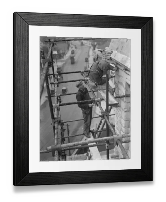 Framed Print : Repairing Eltham Church tower. 1937 Framed Print : Repairing Eltham Church tower. 1937