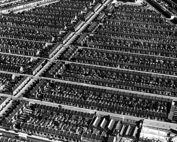 An aerial view of Plaistow showing rows of streets of terraced housing, London, England