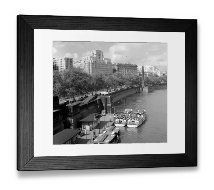 Framed Print : Thames river boats moored on the Victoria Embankment near to Cleopatras Needle with Framed Print : Thames river boats moored on the Victoria Embankment near to Cleopatras Needle with