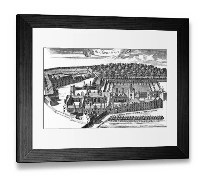 Framed Print : The Charter House, Finsbury, London in 1755. Granted 1545 to Sir Edward North. Finally Framed Print : The Charter House, Finsbury, London in 1755. Granted 1545 to Sir Edward North. Finally