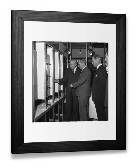 Framed Print : The Irish Ambassador, Mr Cornelius Cremin ( left ) inspects house-hold equipment Framed Print : The Irish Ambassador, Mr Cornelius Cremin ( left ) inspects house-hold equipment