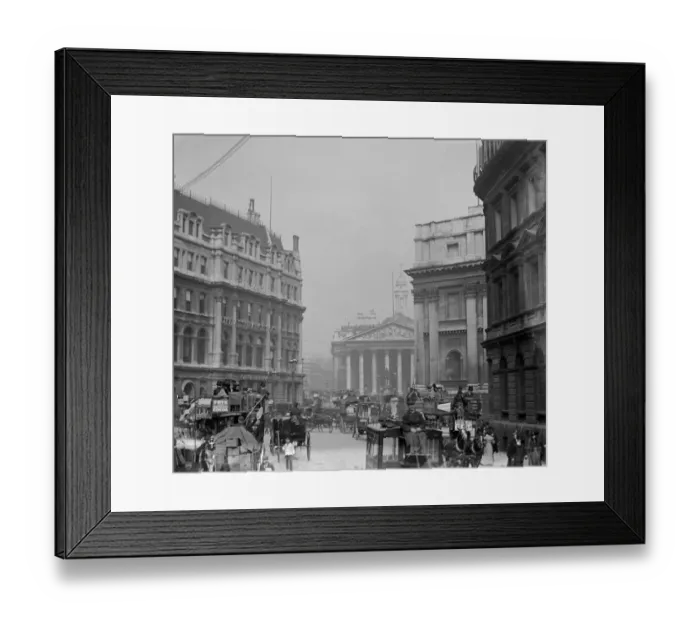 Framed Print : Edwardian London. Horsedrawn traffic congestion looking down to the Royal Exchange