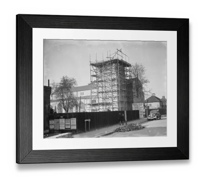 Framed Print : Scaffolding around the newly built, St Francis of Assisi Church at West Wickham. 1936 Framed Print : Scaffolding around the newly built, St Francis of Assisi Church at West Wickham. 1936
