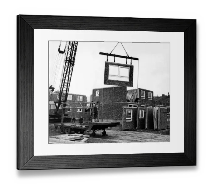 Framed Print : The first train loads of walls, floors, stairs and landings components for the London Framed Print : The first train loads of walls, floors, stairs and landings components for the London
