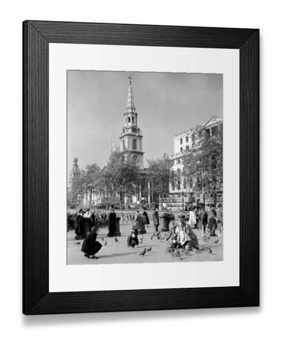Framed Print : People feeding pigeons in Trafalgar Square with the church spire of St Martin Framed Print : People feeding pigeons in Trafalgar Square with the church spire of St Martin