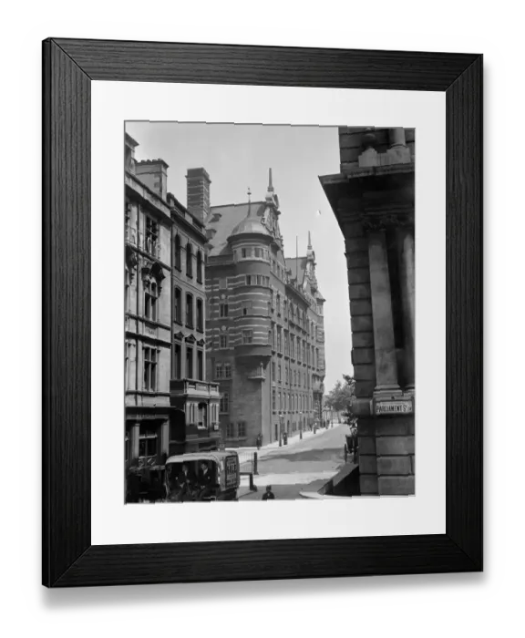 Framed Print : London street scene. The Norman Shaw Buildings seen from Parliament Street into Derby Gate Framed Print : London street scene. The Norman Shaw Buildings seen from Parliament Street into Derby Gate