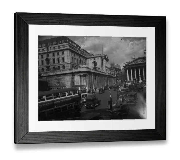 Framed Print : On the left, the Royal Bank of England, building on the right Royal Exchange