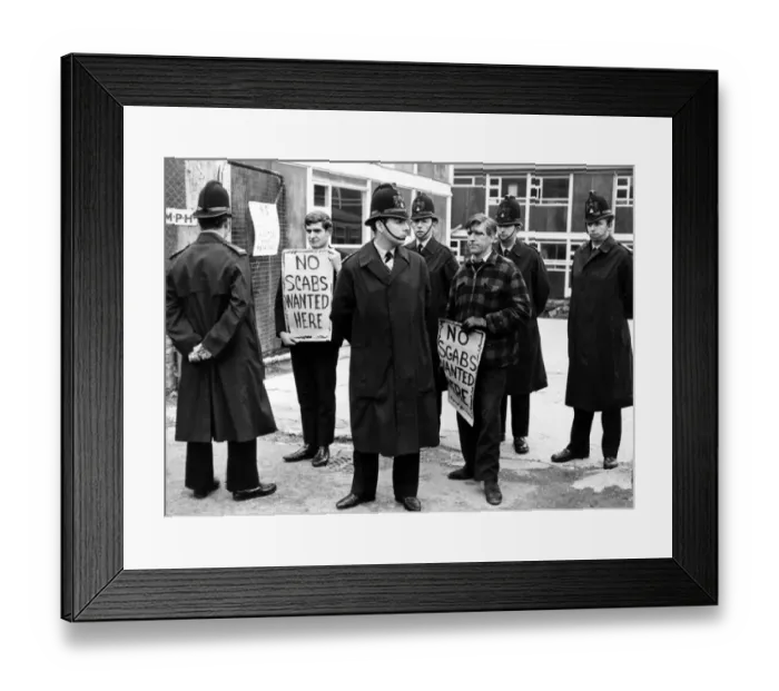 Framed Print : Police ring Barbican building site. More than 100 City police faced hundreds of Framed Print : Police ring Barbican building site. More than 100 City police faced hundreds of