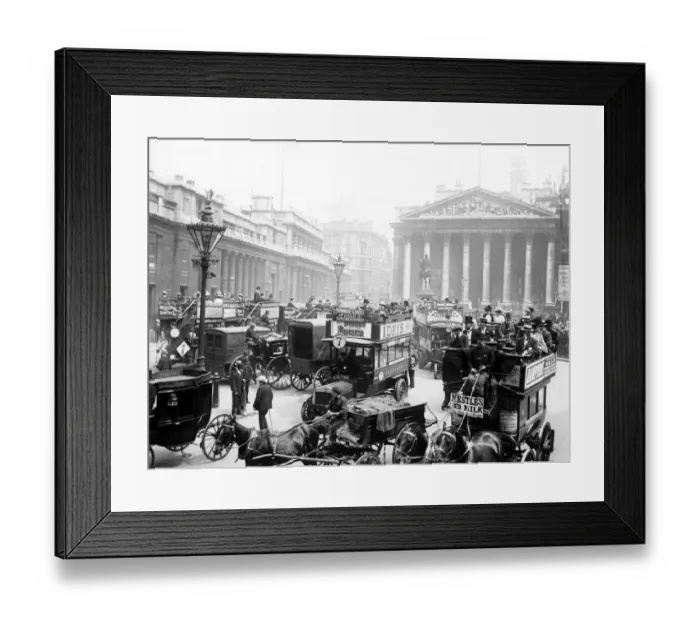 Framed Print : London scene. London traffic, mainly horse - drawn, making its way around the Royal Exchange Framed Print : London scene. London traffic, mainly horse - drawn, making its way around the Royal Exchange