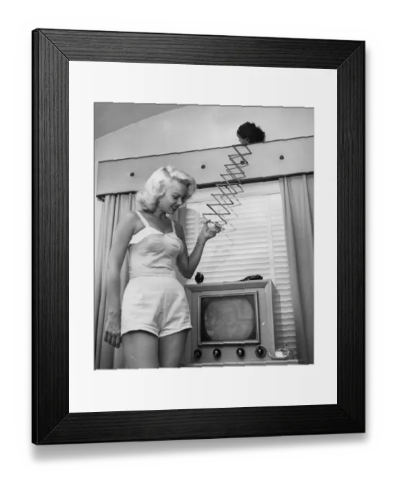 Framed Print : A woman uses an extendable duster whilst watching the television. 1950s ?TopFoto
