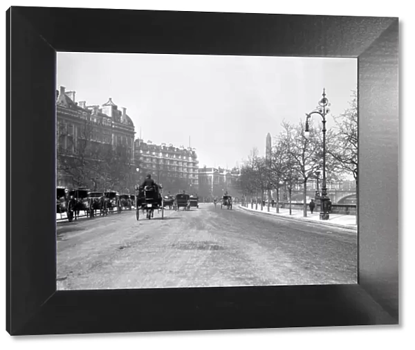 London scene. The Thames Embankment, central London with rows of Hansom Cabs