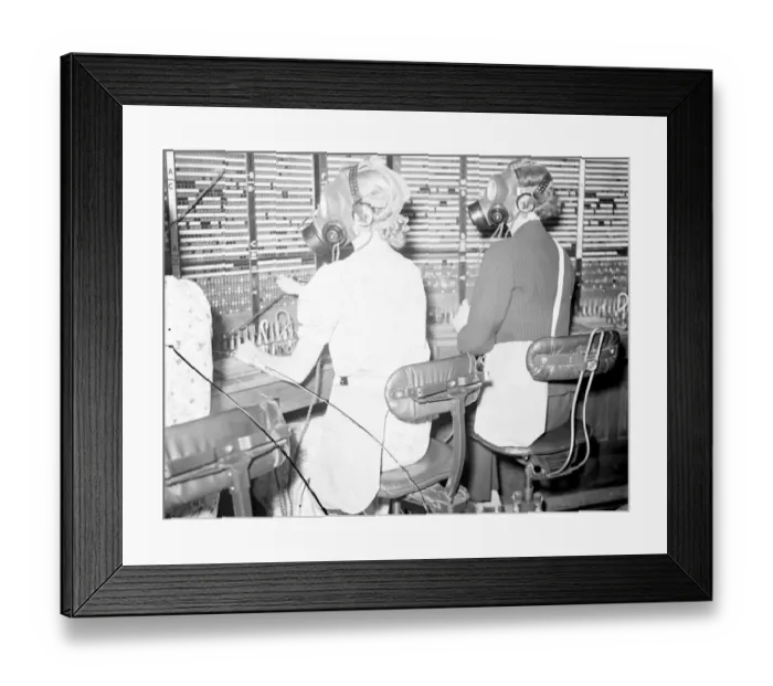 Framed Print : Telephone girls learn to carry on as usual in gas masks. Telephone girls are being Framed Print : Telephone girls learn to carry on as usual in gas masks. Telephone girls are being
