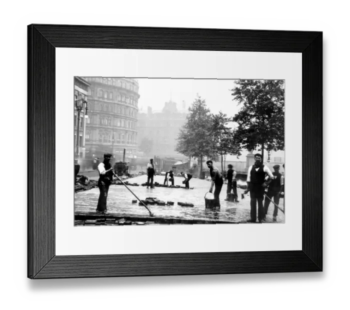 Framed Print : Laying wooden paving in Trafalgar Square, the resinous heartwood being extremely durable Framed Print : Laying wooden paving in Trafalgar Square, the resinous heartwood being extremely durable