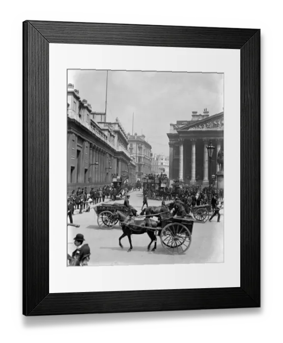 Framed Print : Edwardian London. Horsedrawn traffic by the Royal Exchange in the City of London Framed Print : Edwardian London. Horsedrawn traffic by the Royal Exchange in the City of London