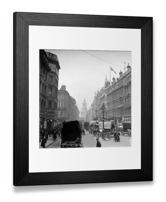 Framed Print : London street scene. The edge of St. Pauls Cathedral looking down Queen Victoria Street Framed Print : London street scene. The edge of St. Pauls Cathedral looking down Queen Victoria Street
