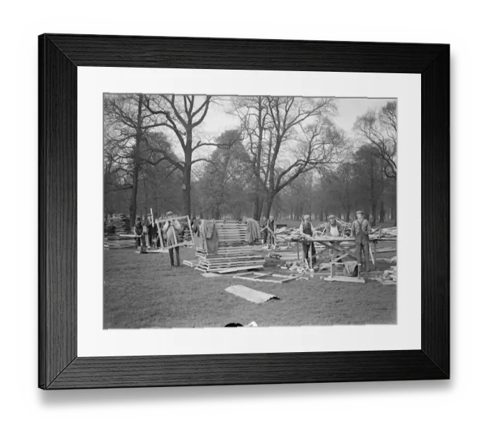 Framed Print : Building a town for Coronation troops in Kensington Gardens. Of wood and canvas