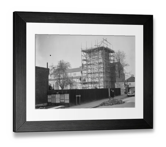 Framed Print : Scaffolding around the new Church, St Francis of Assisi, West Wickham. 1935 Framed Print : Scaffolding around the new Church, St Francis of Assisi, West Wickham. 1935
