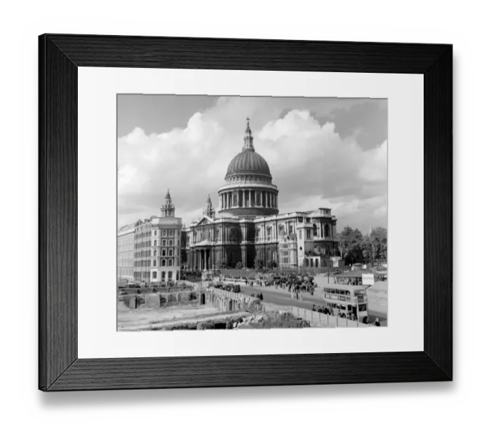 Framed Print : Looking at St Pauls Cathedral, down Cannon Street, with a derelict bomb - site nearby Framed Print : Looking at St Pauls Cathedral, down Cannon Street, with a derelict bomb - site nearby