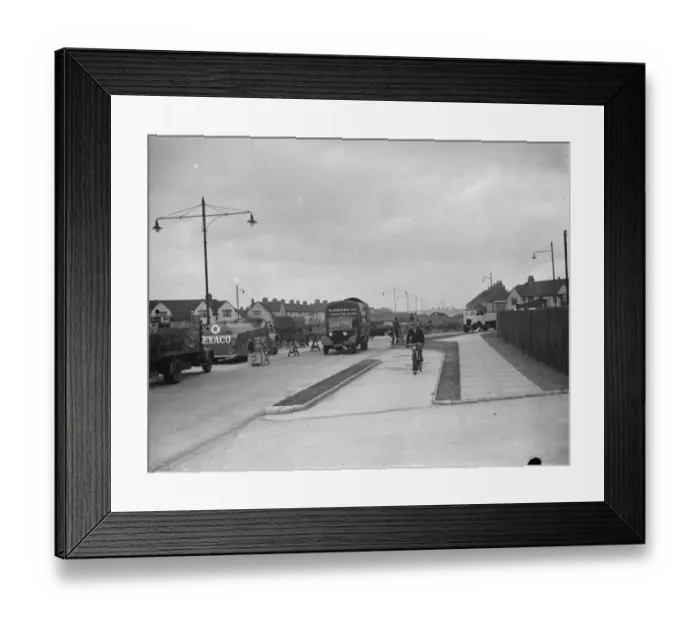 Framed Print : Barking bypass widening. Looking east, showing the new roundabout. 28 May 1938 Framed Print : Barking bypass widening. Looking east, showing the new roundabout. 28 May 1938