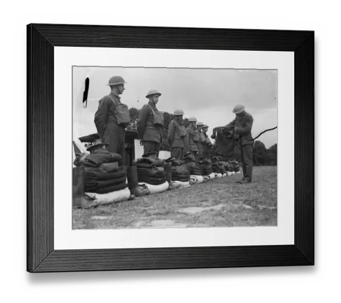 Framed Print : Territorial Army recruits at camp in Chichester, Sussex. Kit inspection. 1939 Framed Print : Territorial Army recruits at camp in Chichester, Sussex. Kit inspection. 1939