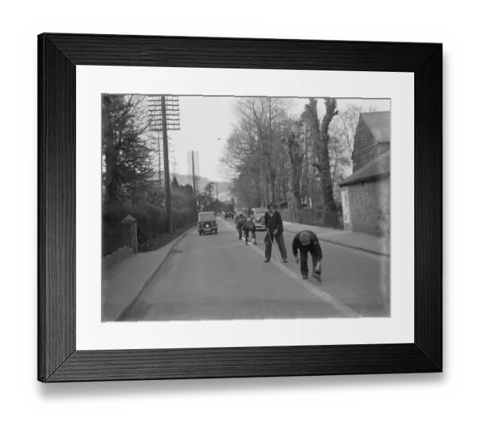 Framed Print : White lines for the narrow Hastings Road. 1937