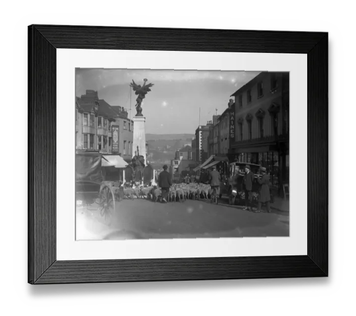 Framed Print : Sheep being driven through Lewes High Street, Sussex, during the sheep fair. 1923