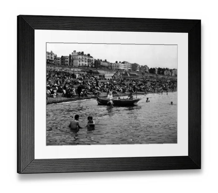 Framed Print : Brighton Crowded beaches and boat 1 August 1954