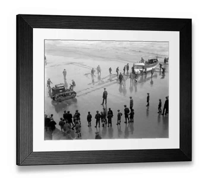 Framed Print : Launching the Lifeboat at Worthing West Sussex by Motor Tractor. 1920s 1930s