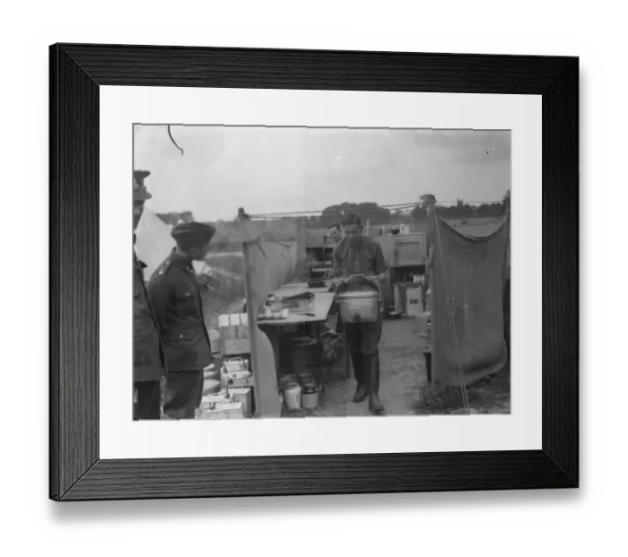 Framed Print : Territorial Army recruits at camp in Chichester, Sussex. The kitchen. 1939 Framed Print : Territorial Army recruits at camp in Chichester, Sussex. The kitchen. 1939