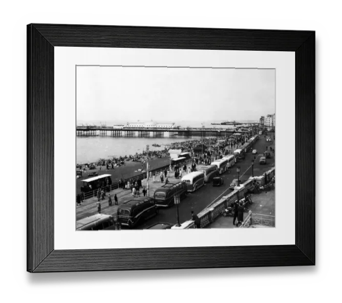 Framed Print : Brighton Coaches line the front and crowds are out on beach and promenade 1st Framed Print : Brighton Coaches line the front and crowds are out on beach and promenade 1st
