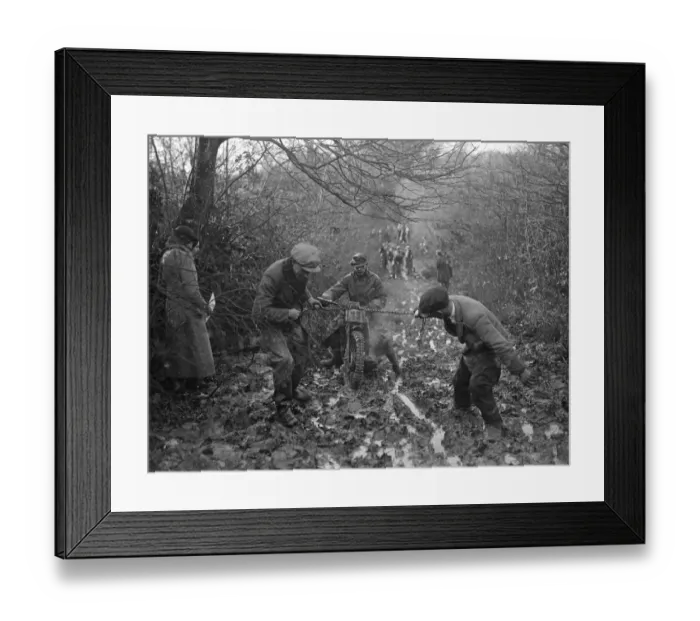 Framed Print : Riders buried in mud at Horsham motor cycle trials. Many well known riders of
