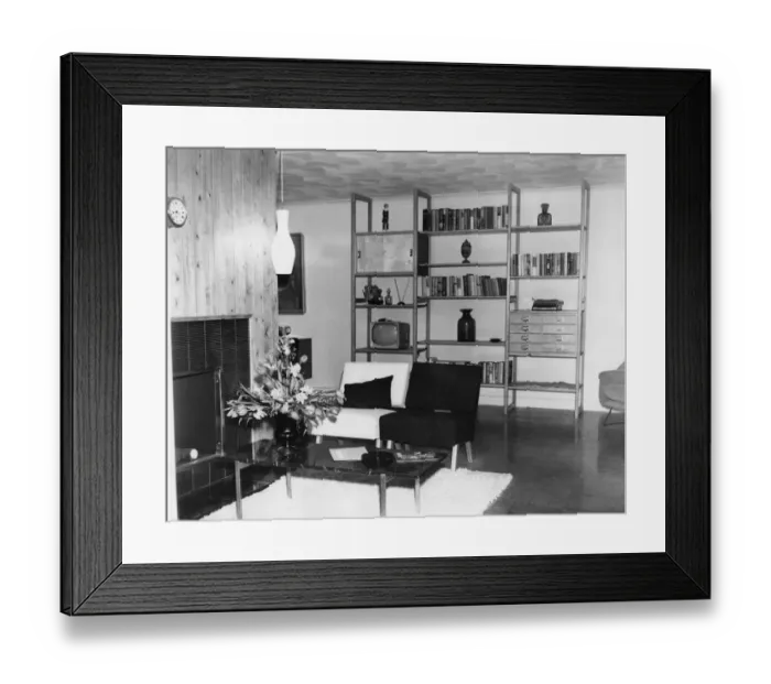 Framed Print : The Sussex bungalow, the living room. 1959 Ideal home exhbition at Olympia, London Framed Print : The Sussex bungalow, the living room. 1959 Ideal home exhbition at Olympia, London