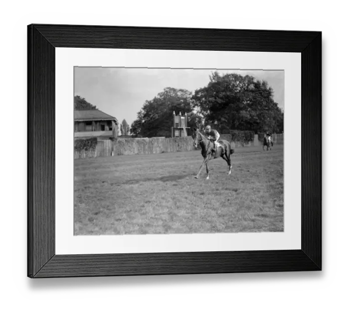 Framed Print : Gatwick racecourse, Sussex, England. World Calling cantering down the racecourse ( jockey Framed Print : Gatwick racecourse, Sussex, England. World Calling cantering down the racecourse ( jockey