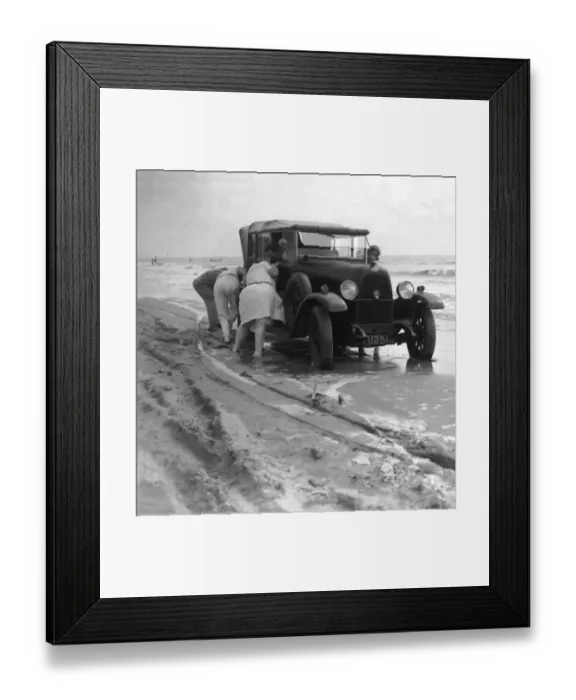 Framed Print : Motor cars stuck at Camber Sands, Sussex. 1933 Framed Print : Motor cars stuck at Camber Sands, Sussex. 1933