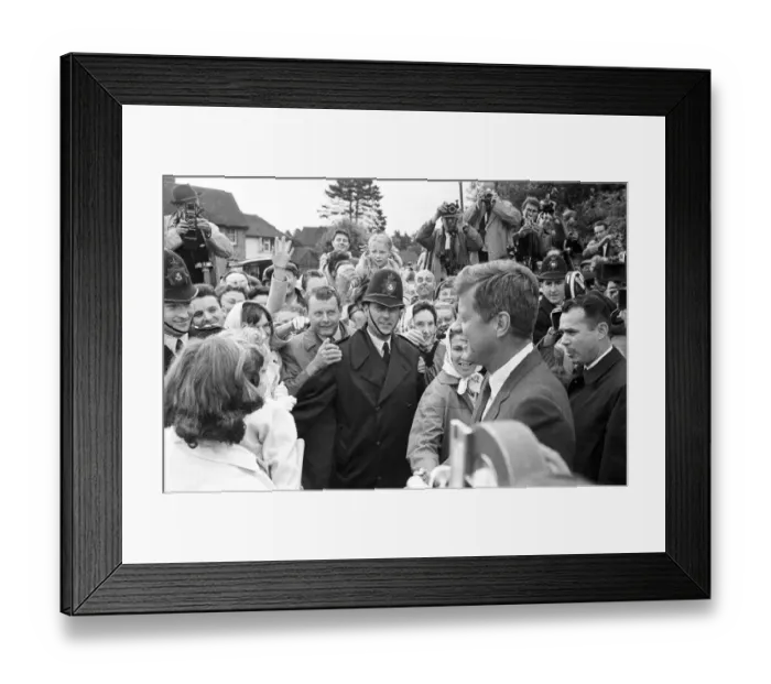 Framed Print : JFK greeting the crowd waiting outside the Roman Catholic Chapel in Forest Row, East Framed Print : JFK greeting the crowd waiting outside the Roman Catholic Chapel in Forest Row, East