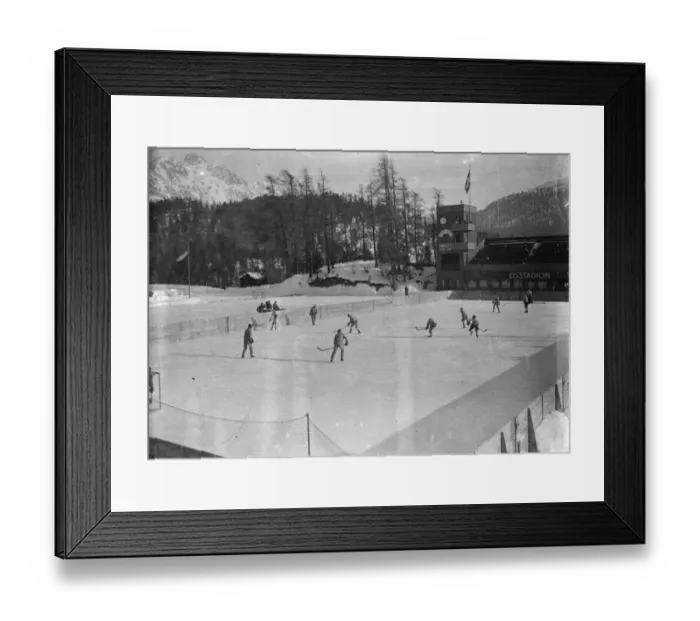 Framed Print : English hockey team in action at St Moritz. The Sussex hockey club met the St Moritz Framed Print : English hockey team in action at St Moritz. The Sussex hockey club met the St Moritz