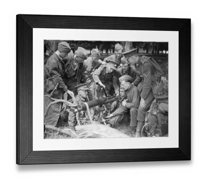 Framed Print : Cpl showing the civilian guests how to use a machine gun. 15 young men from south Framed Print : Cpl showing the civilian guests how to use a machine gun. 15 young men from south