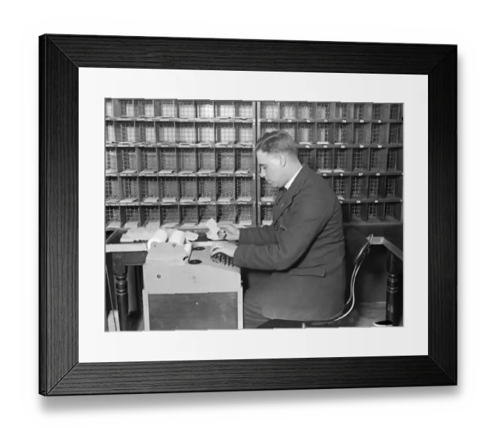 Framed Print : Robot sorter being tested by the post office at Brighton. Work speeded up three times Framed Print : Robot sorter being tested by the post office at Brighton. Work speeded up three times
