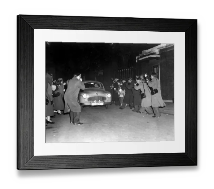 Framed Print : A host of press photographers descend upon the car belonging to Group Captain Peter Framed Print : A host of press photographers descend upon the car belonging to Group Captain Peter