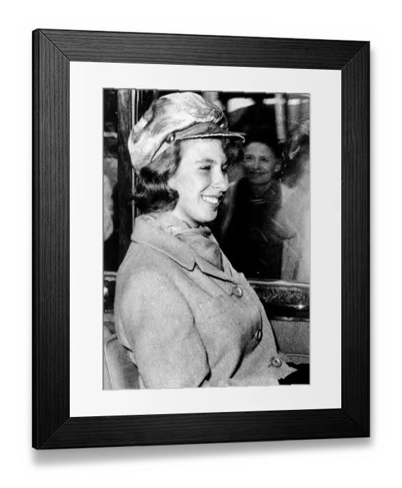 Framed Print : Princess Anne, 16, wearing a peach coloured patterned Beatle Cap and matching scarf Framed Print : Princess Anne, 16, wearing a peach coloured patterned Beatle Cap and matching scarf