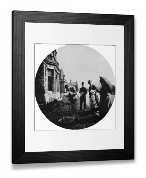 Framed Print : On the terrace at Sandringham Cocky the parrot, Princess Victoria with a little girl