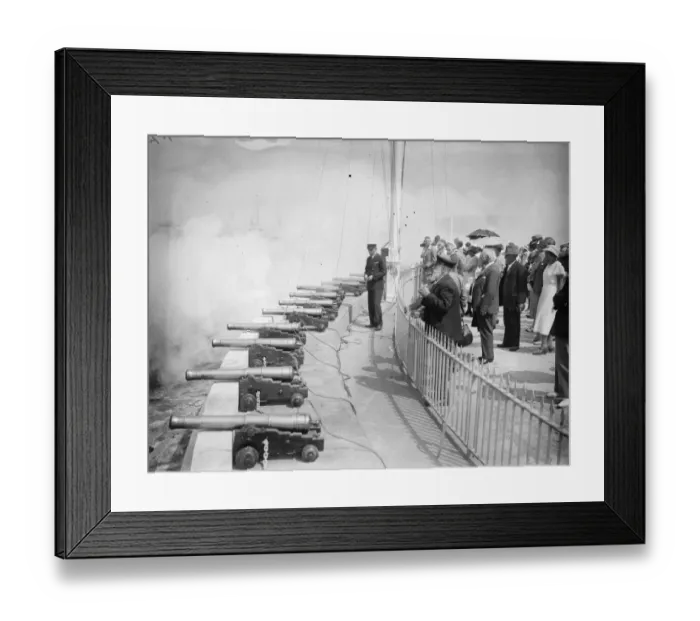 Framed Print : The King and Queen board Royal Yacht for holiday afloat. Royal salute fired as the the King Framed Print : The King and Queen board Royal Yacht for holiday afloat. Royal salute fired as the the King