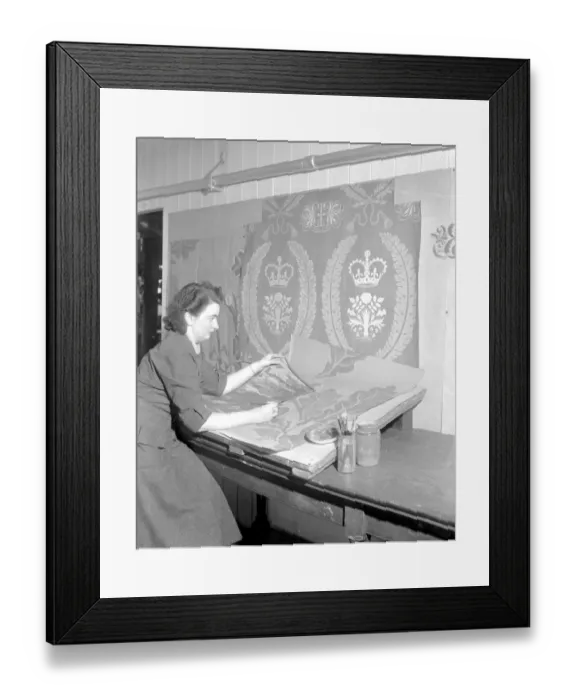 Framed Print : Draughtswoman Miss June Swindells working on designs for the draperies for the Coronation Framed Print : Draughtswoman Miss June Swindells working on designs for the draperies for the Coronation