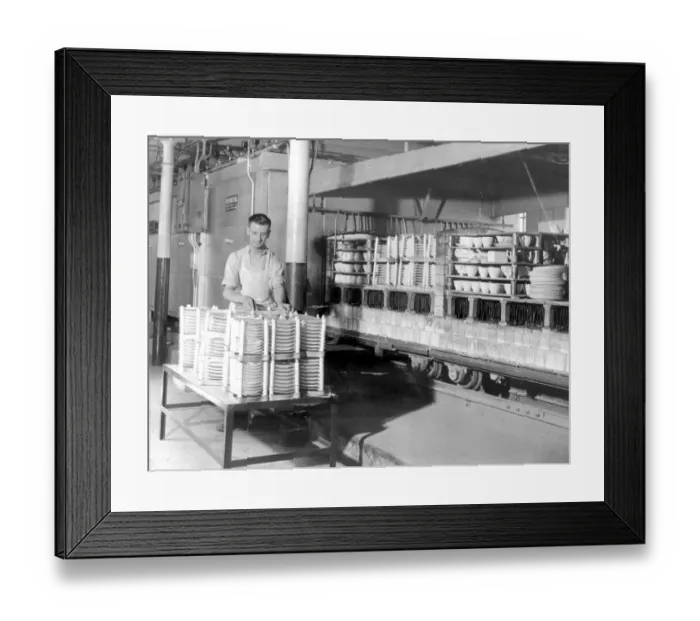 Framed Print : Pottery for export - The delivery end of the very latest thing in electrically fired tunnel kilns Framed Print : Pottery for export - The delivery end of the very latest thing in electrically fired tunnel kilns