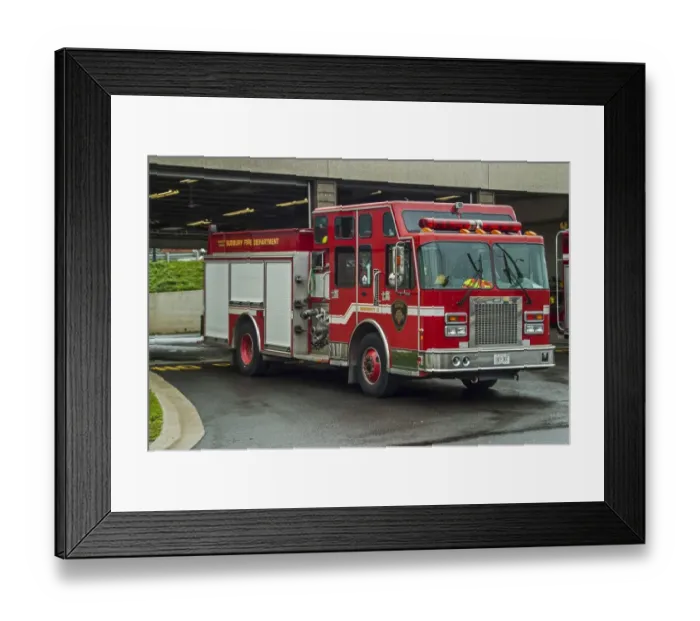Framed Print : A fire engine of the Sudbury Ontario Canada fire brigade (department) standing out Framed Print : A fire engine of the Sudbury Ontario Canada fire brigade (department) standing out