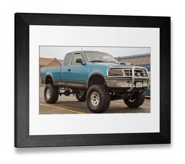Framed Print : A customized Ford F150 with big wheels and tyres outside a Dairy Queen fast food
